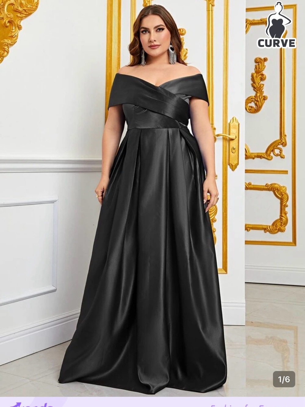 SHEIN Black Off-Shoulder Satin A-Line Evening Dress
